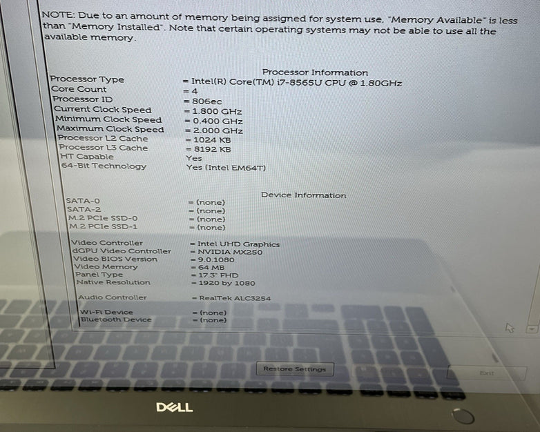 Dell Inspiron 7786 17.3" i7-8565U 1.80 GHz 8 GB RAM No SSD/OS/AC NVDIA MX250