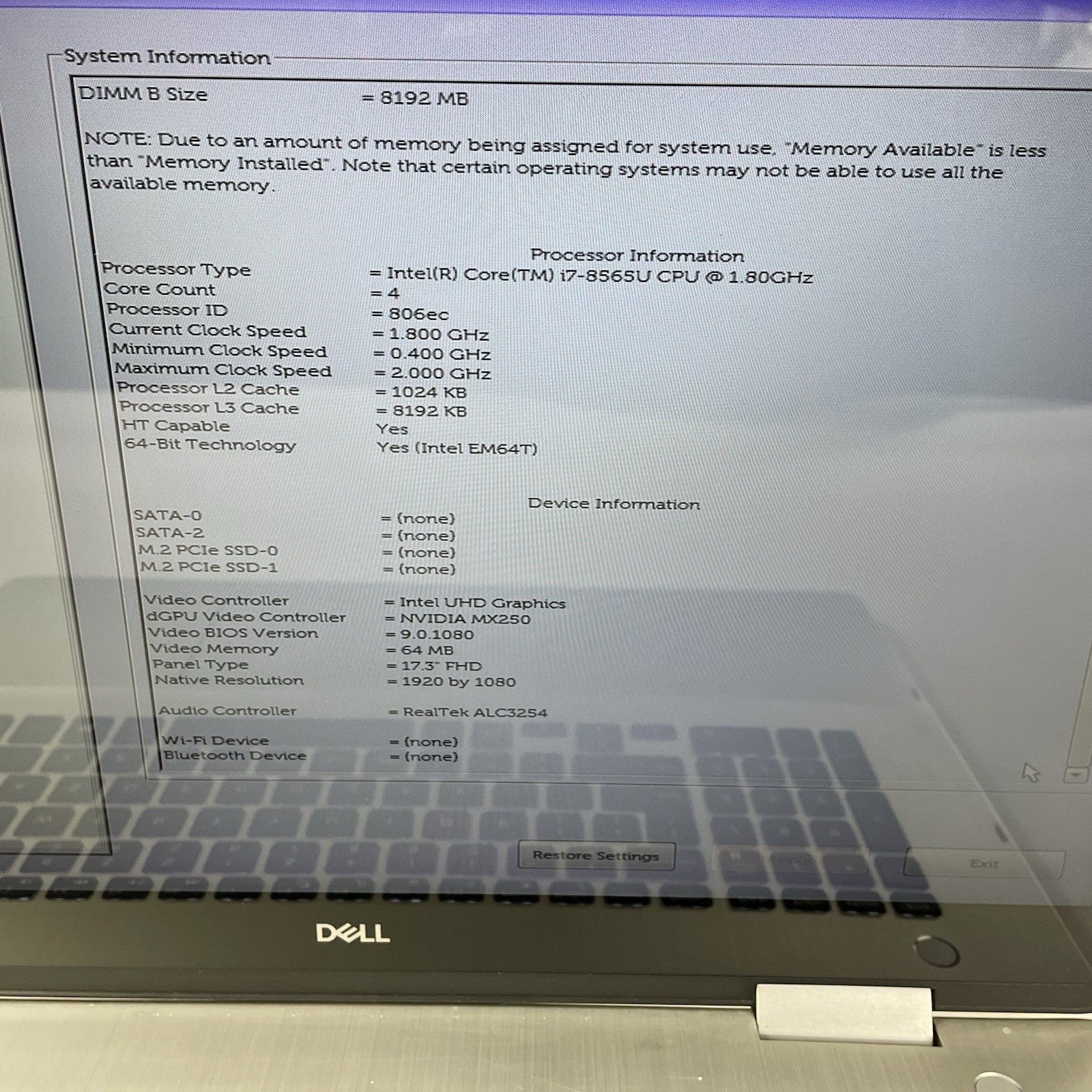 Dell Inspiron 7786 17.3" i7-8565U 1.80 GHz 8 GB RAM No SSD/OS/AC NVDIA MX2504