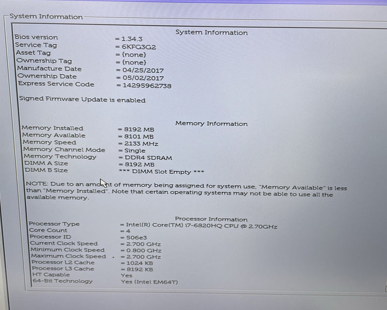 Dell Precision 3510 15.6" Core i7-6820HQ 2.7 GHz 8 GB RAM No SSD No OS No Batt