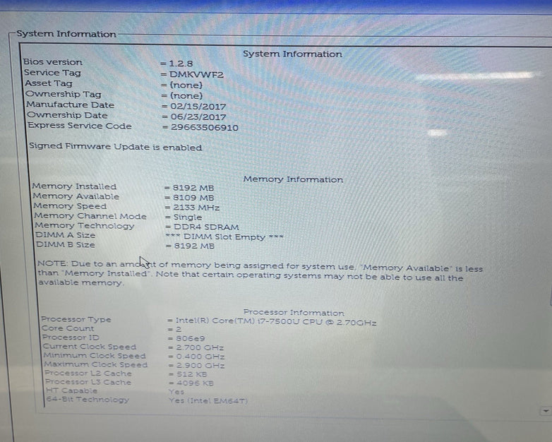 Dell Inspiron 5567 15.6" Core i7-7500U 2.7 GHz 8 GB RAM No HDD No OS No Battery