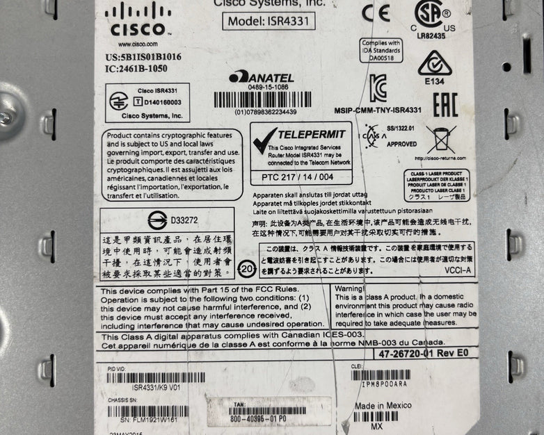 Cisco ISR4331/K9 Router ISR4331 Tested Reset No OS No Licenses