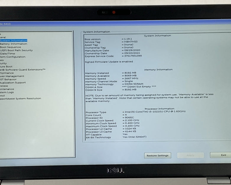 Dell Latitude 5410 Intel Core i5-10210U 1.60 GHz 8 GB RAM 14.0" No HDD No OS
