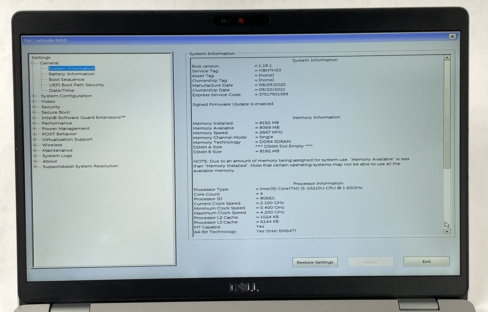 Dell Latitude 5410 Intel Core i5-10210U 1.60 GHz 8 GB RAM 14.0" No HDD No OS