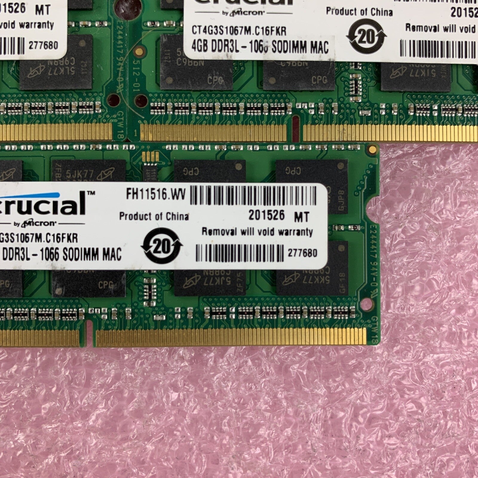 Crucial CT4G3S1067M.C16FKR 4 GB DDR3-1066 PC3-8500S 2Rx8 Laptop Lot of 5x