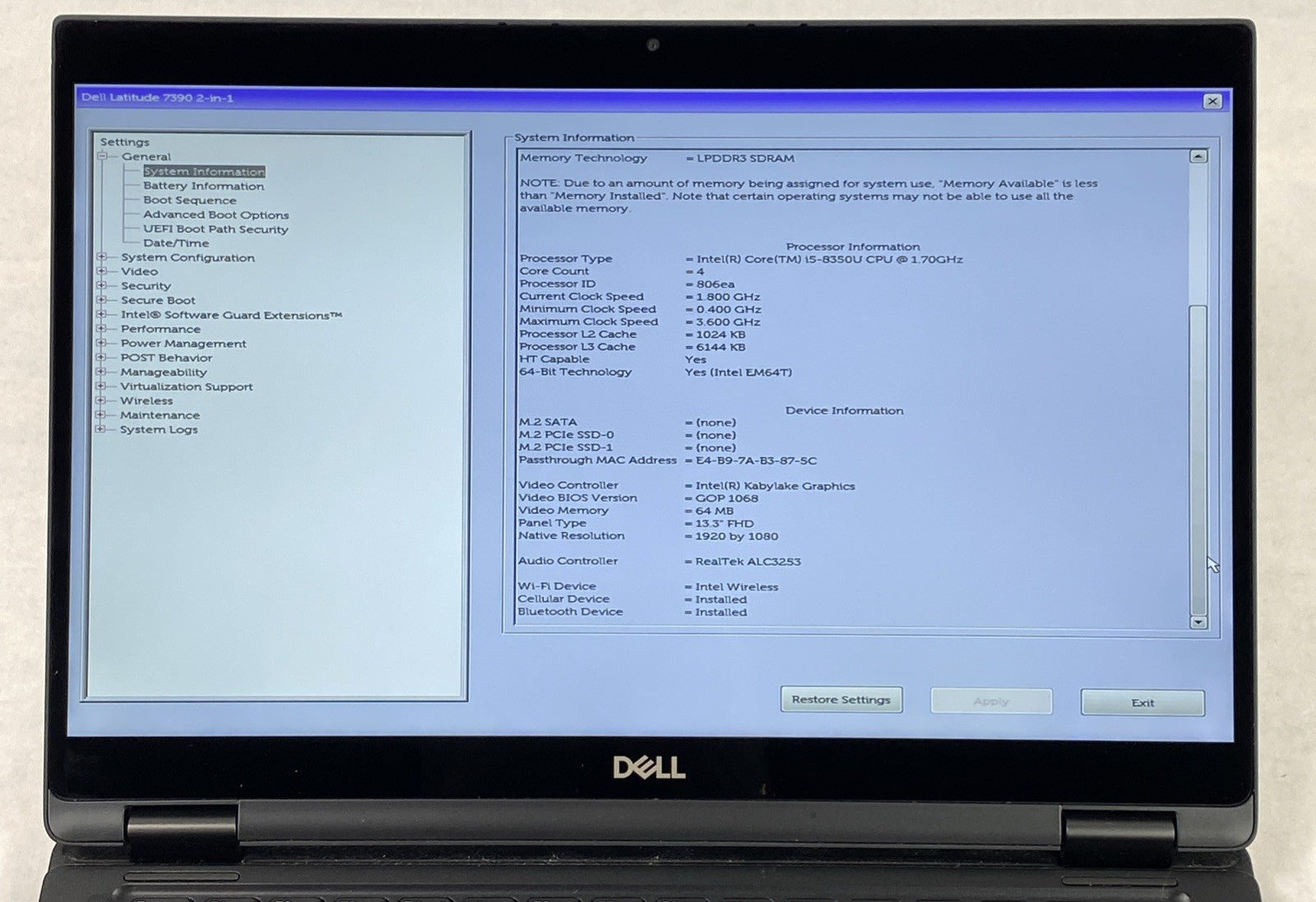 Dell Latitude 7390 2 in 1 13.3" Touch i5-8250U 1.7 GHz 8 GB RAM No HDD No OS