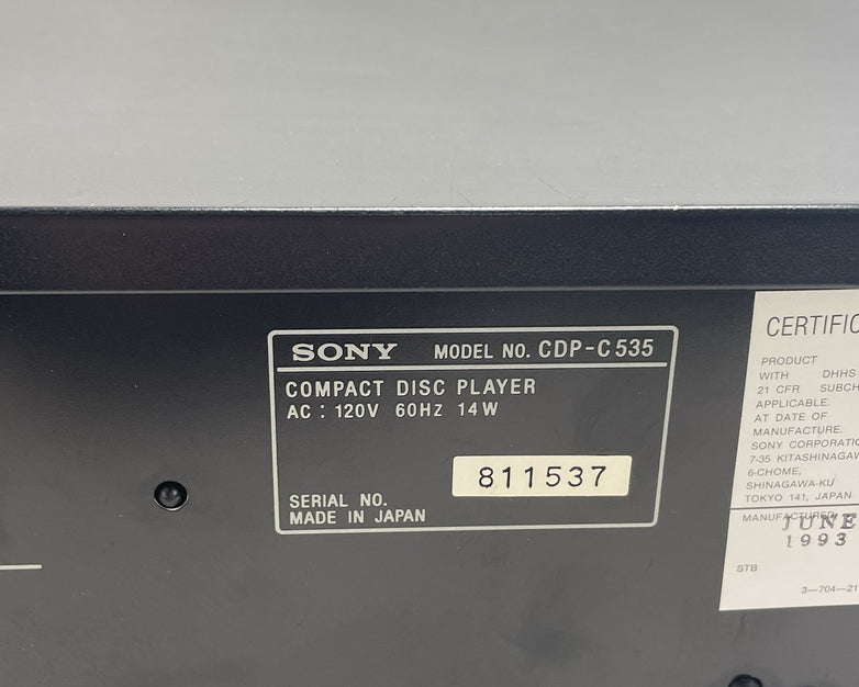 Sony CDP-C535 5-Disc Carousel CD Player No Remote Tested
