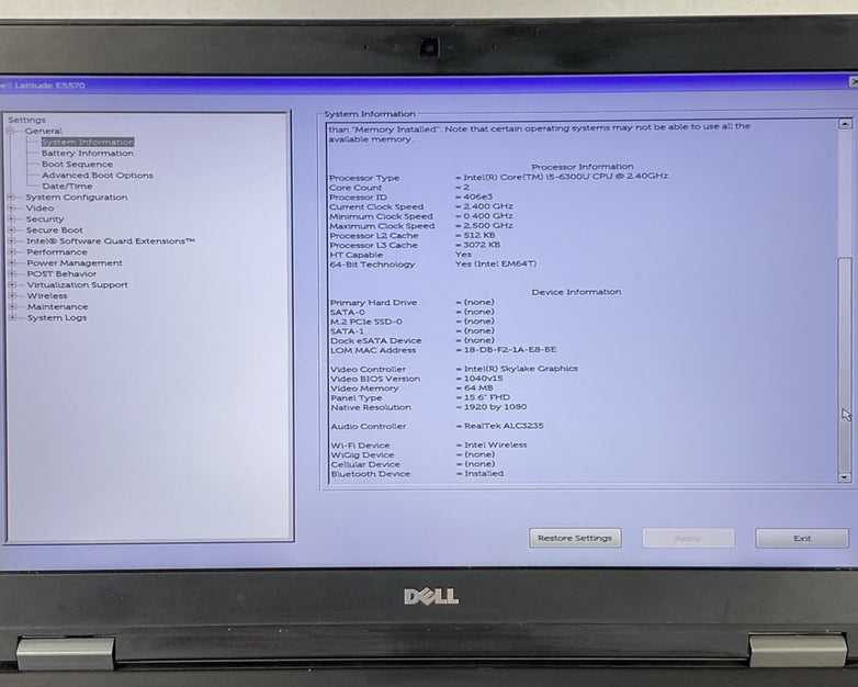 Dell Latitude E5570 Intel Core i5-6300U 2.4GHz 8GB RAM 15.6" No HDD No OS