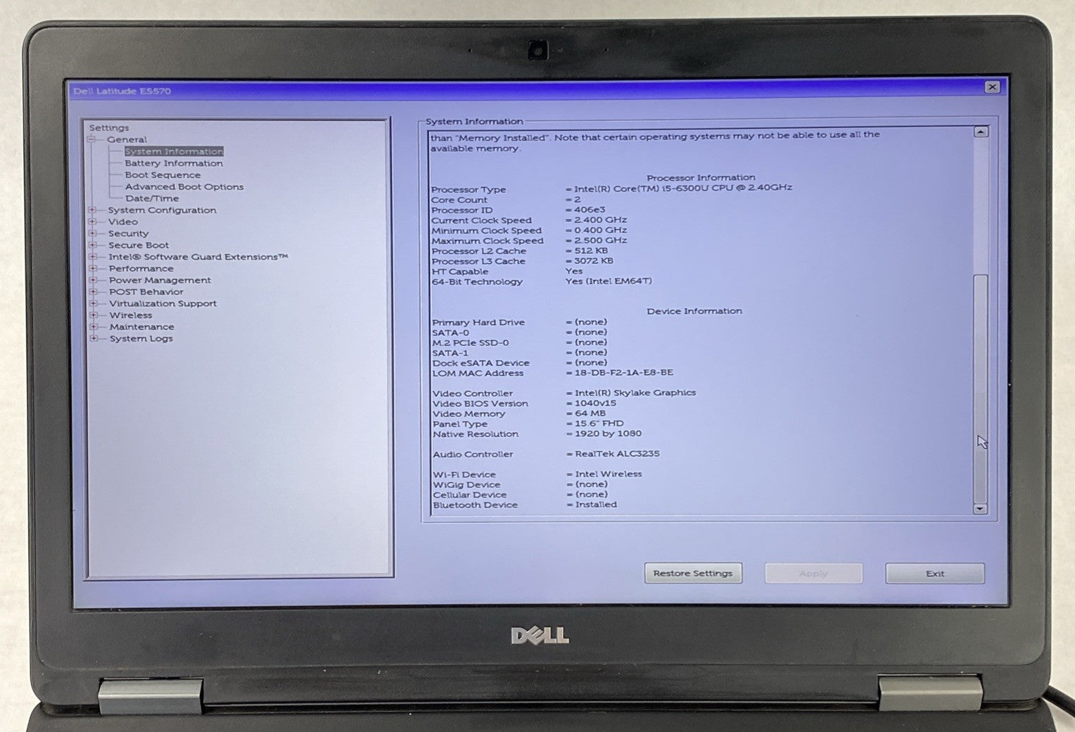 Dell Latitude E5570 Intel Core i5-6300U 2.4GHz 8GB RAM 15.6" No HDD No OS