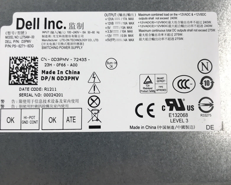 Dell D3PMV 240V 24-Pin 5A 60Hz 275W L275AM-00 Desktop Power Supply PS-6271-6DG