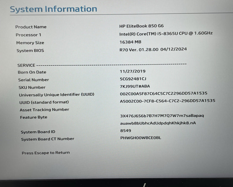 HP EliteBook 850 G6 15.6" i5-8365U 1.60 GHz 16 GB RAM No SSD/OS/AC - Corner