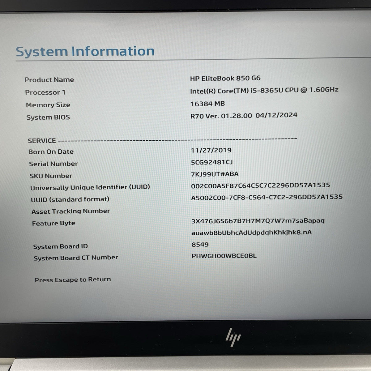 HP EliteBook 850 G6 15.6" i5-8365U 1.60 GHz 16 GB RAM No SSD/OS/AC - Corner3