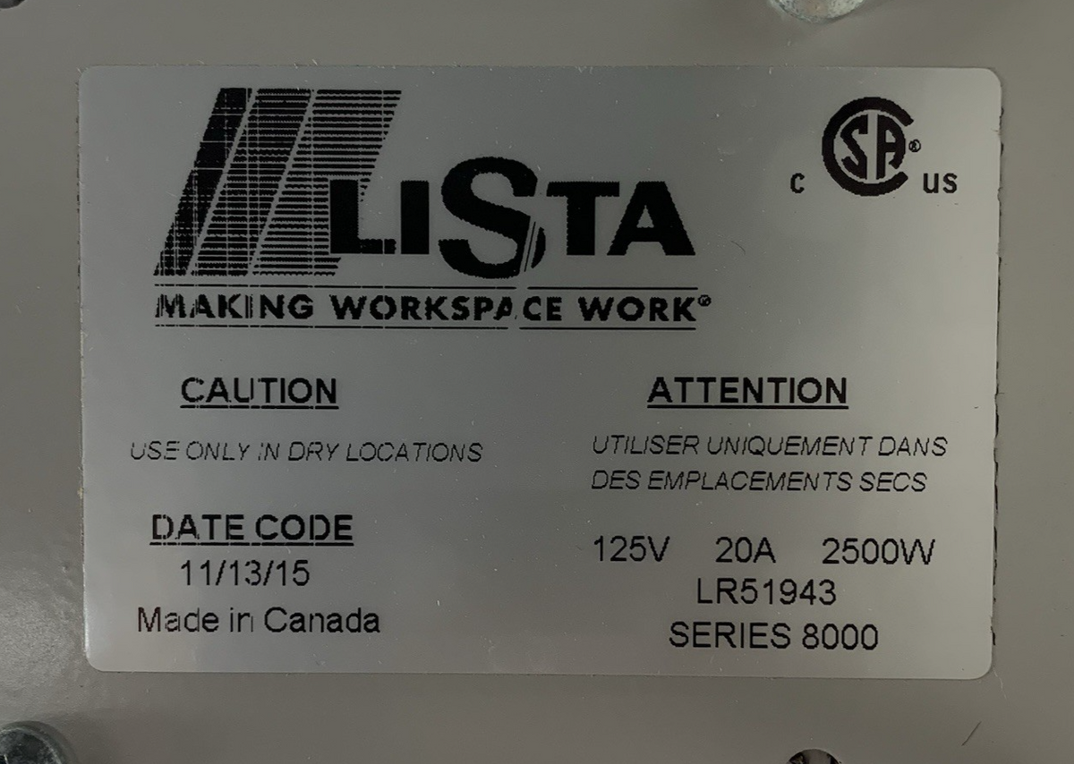Lista LR51943 Series 8000 Workbench Power Strip 125V 15A 1875W - Outlets Tested9