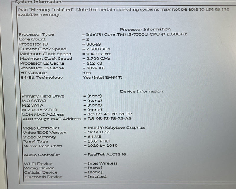 Dell Latitude 5580 15.6" i5-7300U 2.6 GHz 8 GB RAM No SSD/OS/AC - Bad Back Edge