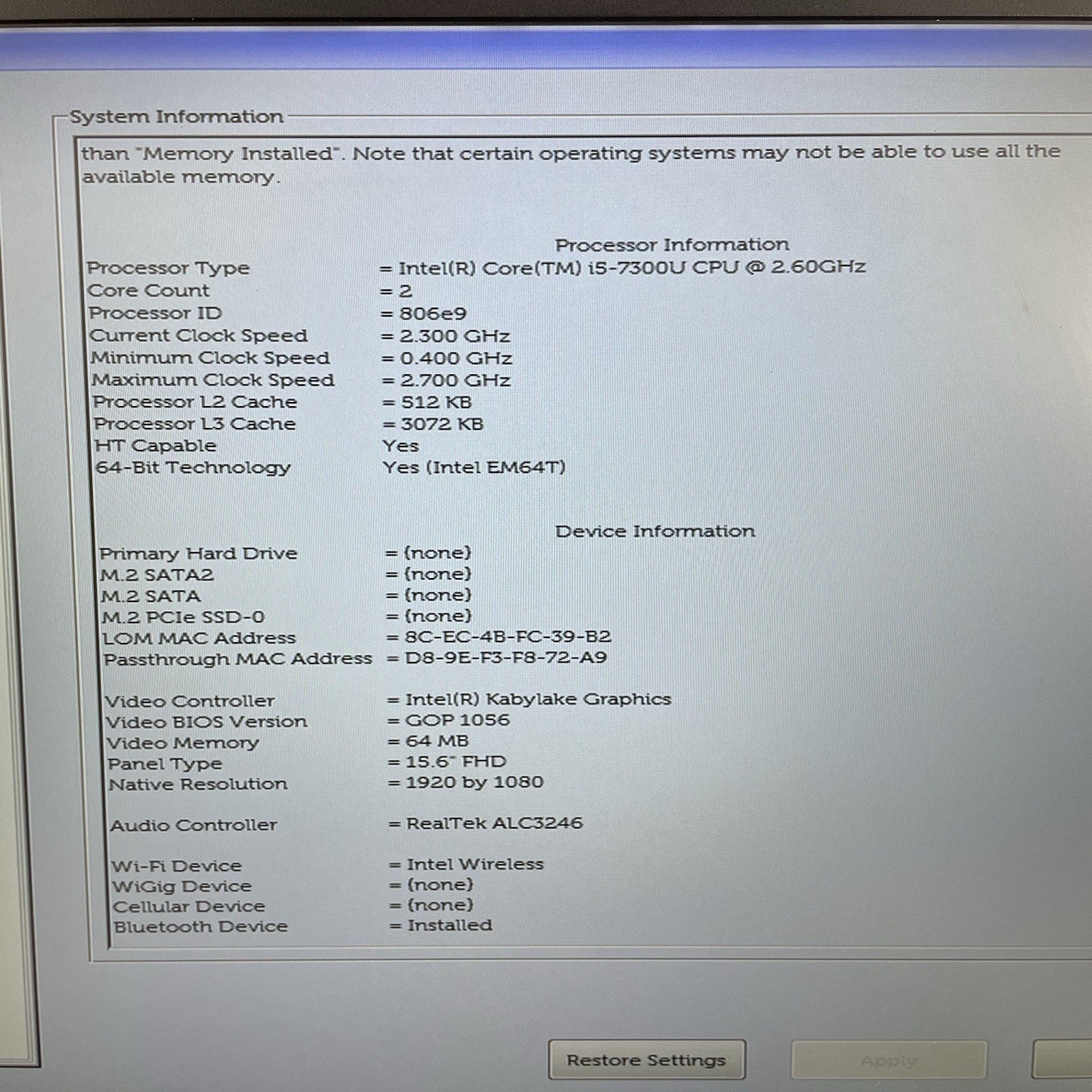 Dell Latitude 5580 15.6" i5-7300U 2.6 GHz 8 GB RAM No SSD/OS/AC - Bad Back Edge3