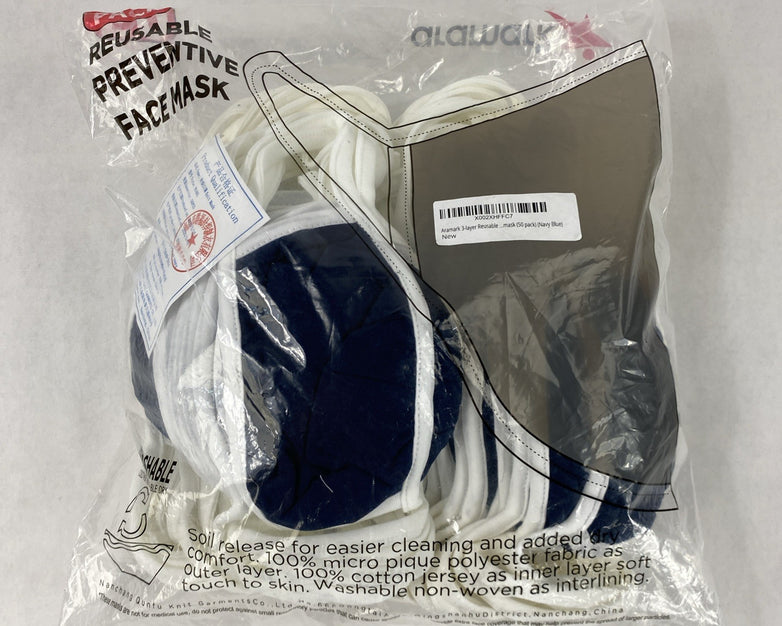 Aramark 91461 3 Layer Reusable Preventive Face Mask Navy Blue 50 Pack