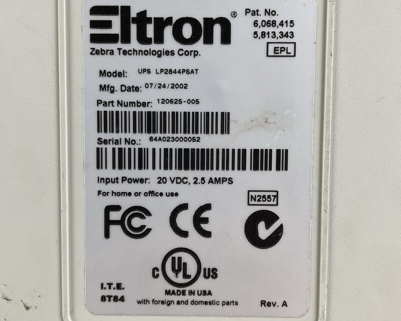 Zebra Eltron UPS LP2844PSAT Thermal Label Printer Power Tested