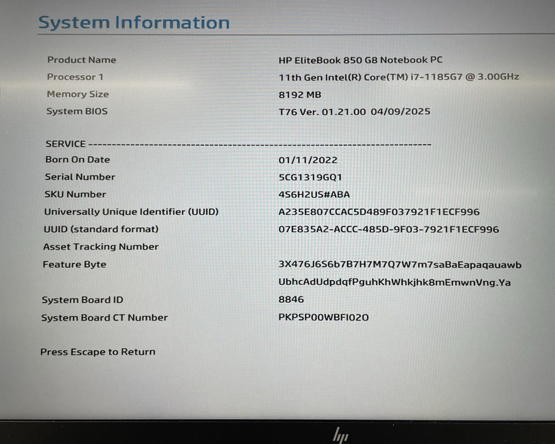 HP EliteBook 850 G8 15.6" i7-1185G7 3.00 GHz 8 GB RAM No AC/SSD/OS/Batt
