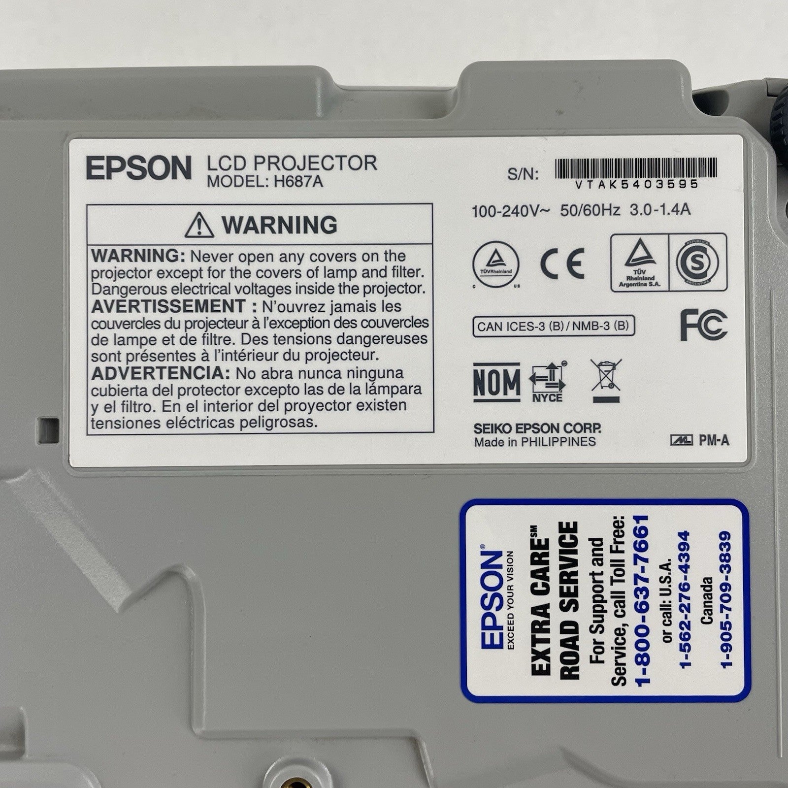 Epson H687A White Portable 100-240V 3LCD LCD (456 Lamp Hours)