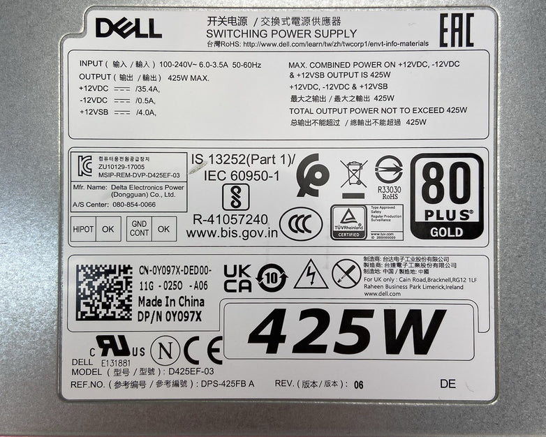 Dell 0Y097X 425W Switching Power Supply 80 Plus Gold Lot of 2
