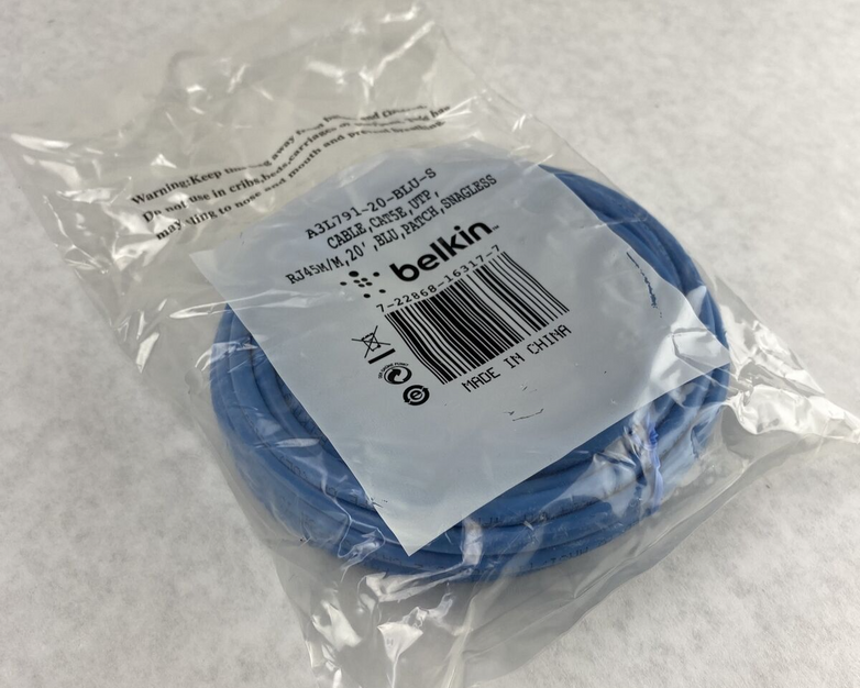 Lot of 2 Belkin A3L791-20-BLU-S 20ft Cable Cat5e M/M Blue Snagless Patch Cable