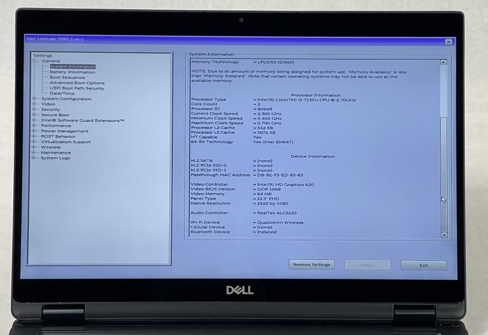 Dell Latitude 7390 2 in 1 13.3" Touch i3-7130U 2.7 GHz 4GB RAM No Battery/HDD/OS