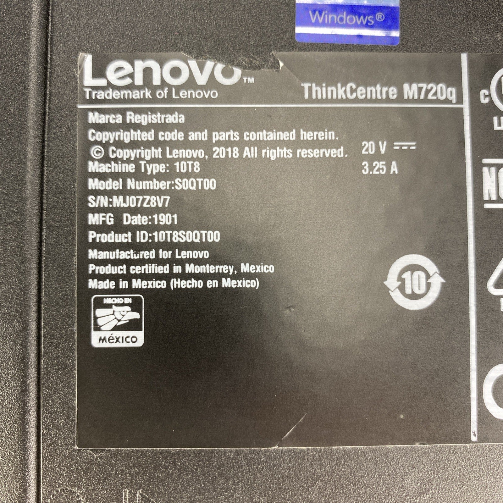 Lenovo ThinkCentre M720q Intel Six Core i5-8500T 2.10GHz 1x8GB RAM No AC HDD OS