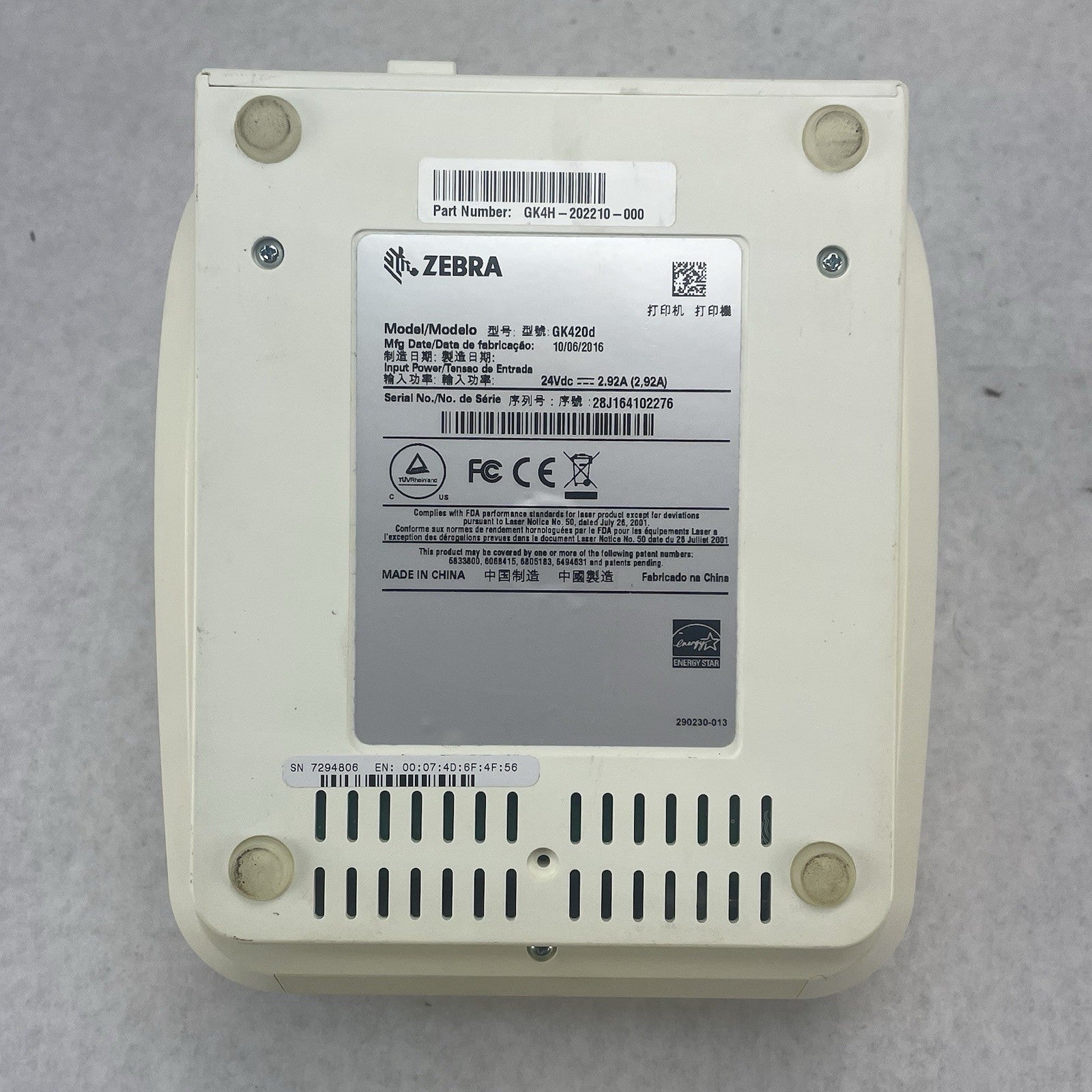 Zebra GK420d GK42-202210-000 Direct Thermal Label Printer Tested 521,100pgc9