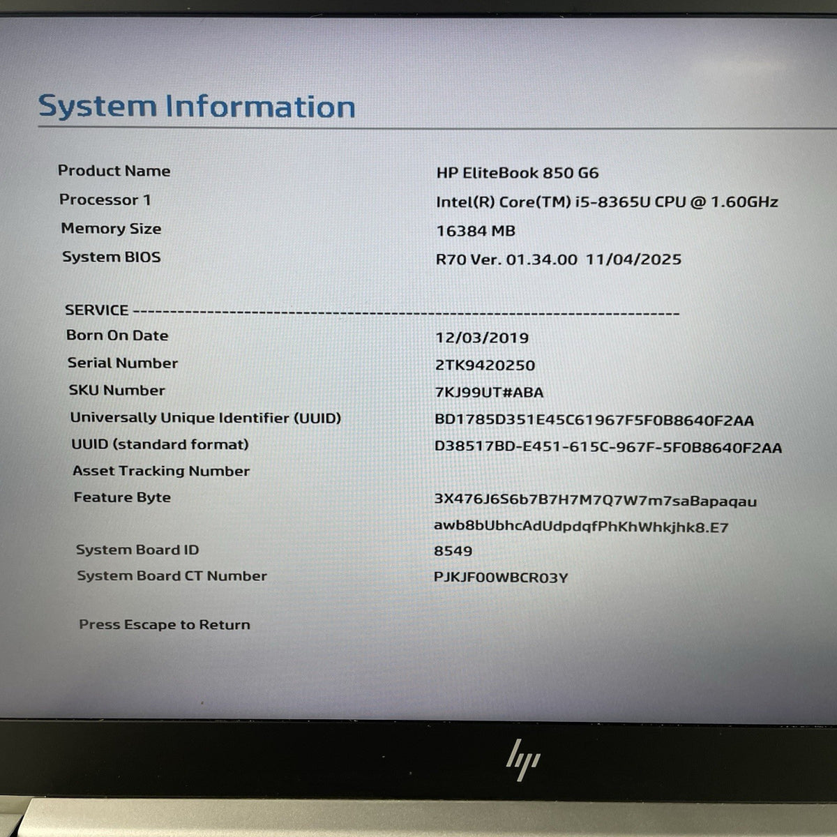 HP EliteBook 850 G6 15.6" i5-8365U 1.60 GHz 16 GB RAM No SSD/OS/AC/Batt - Key3