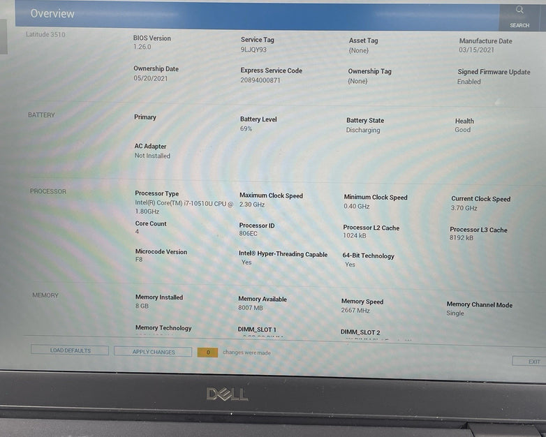 Dell Latitude 3510 15.6" i7-10510U 1.80 GHz 8 GB RAM No SSD/OS/AC - Bad Corner