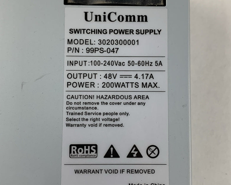 Unicom 3020300001 99PS-047 100-240 VAC 60 Hz 48V 200W Power Supply