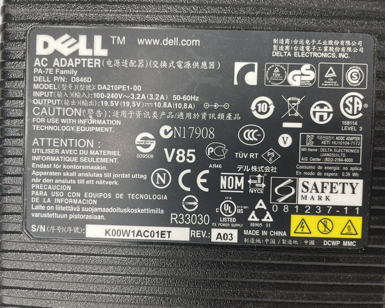 Dell D846D/0D846D AC Adapter PA-7E Family DA210PE1-00 with Power Cable