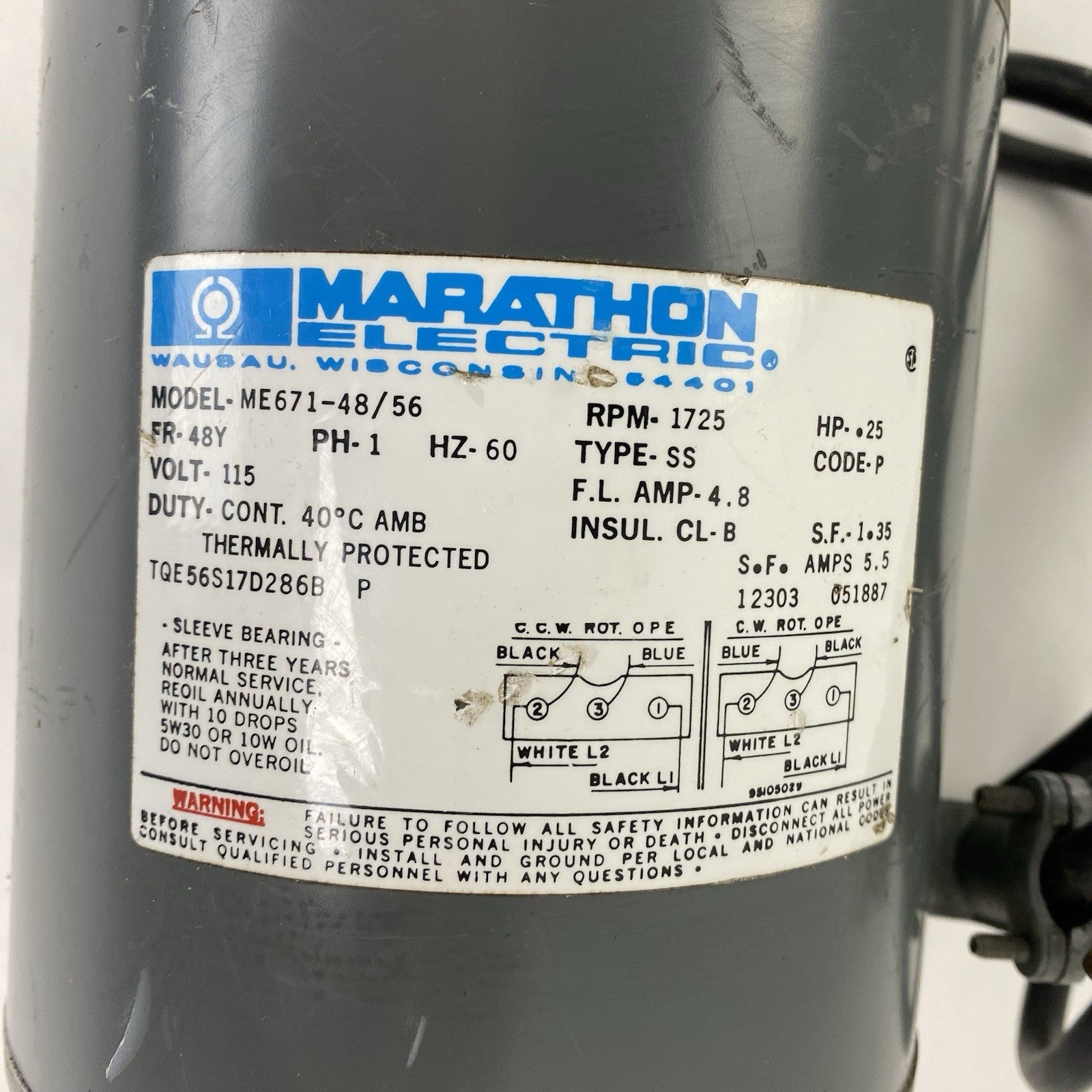 Marathon Electric ME671-48/56 115V 1725 Electric Motor Tested 2