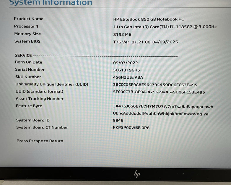 HP EliteBook 850 G8 15.6" i7-1185G7 3.00 GHz 8 GB RAM No SSD/OS/AC/Batt