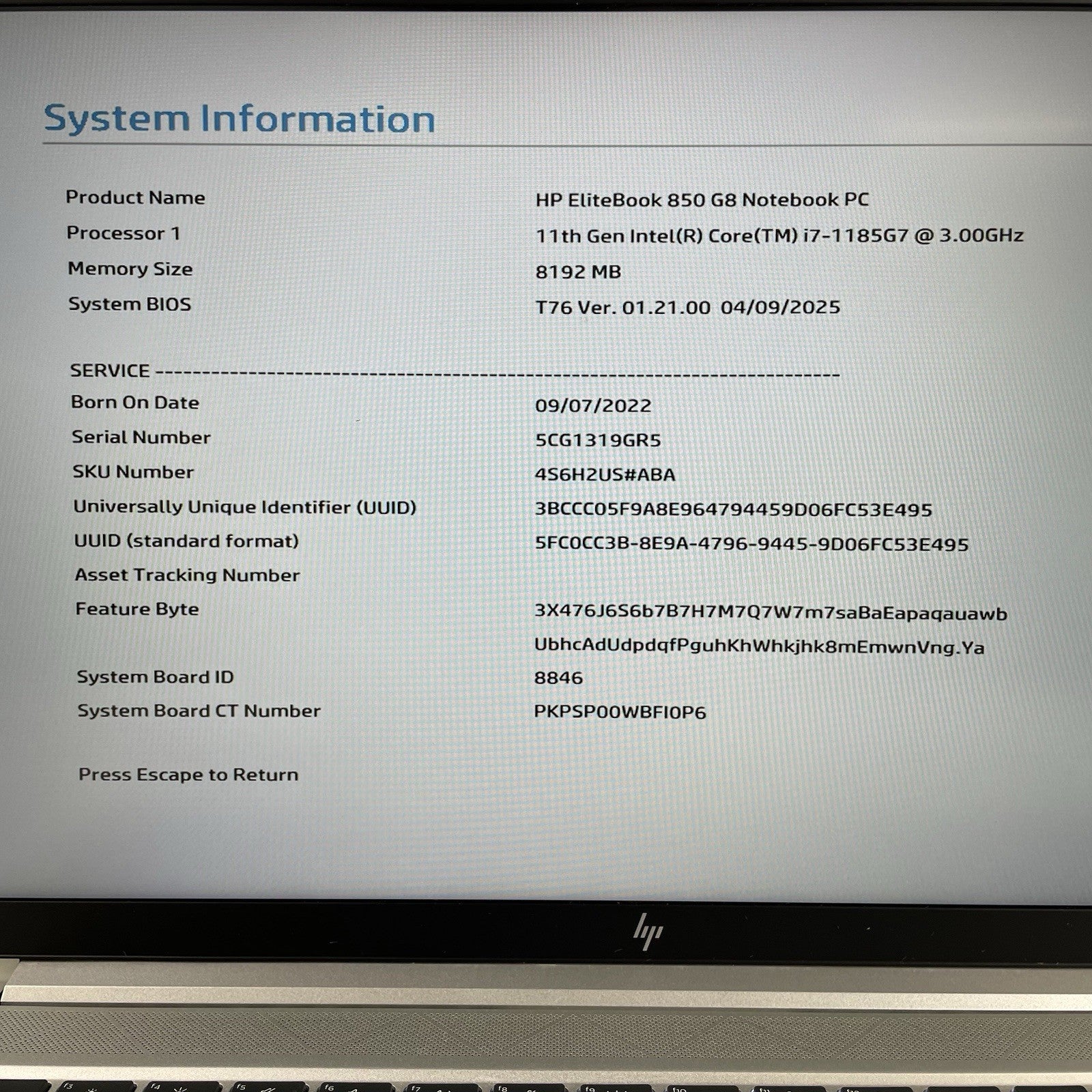 HP EliteBook 850 G8 15.6" i7-1185G7 3.00 GHz 8 GB RAM No SSD/OS/AC/Batt2
