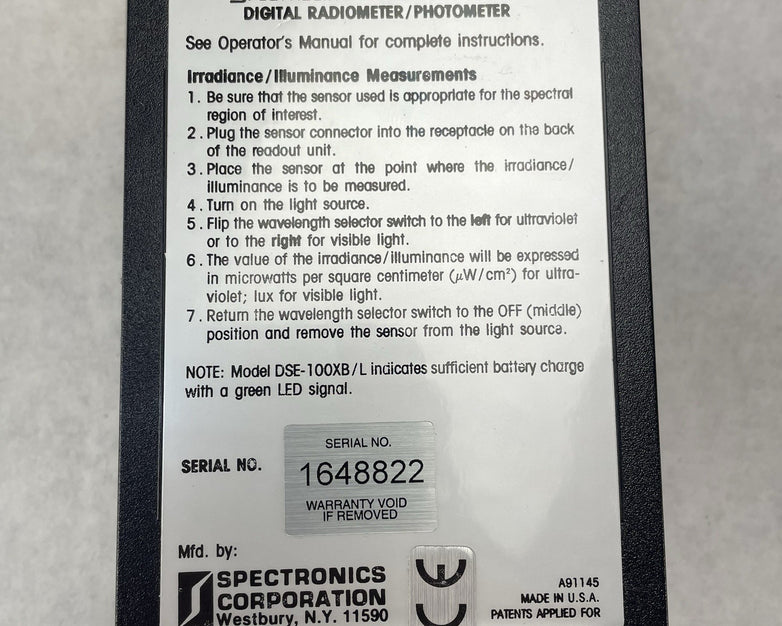 Spectroline Model DSE-100X/L Digital Radiometer/Photometer Tested Not Calibrated