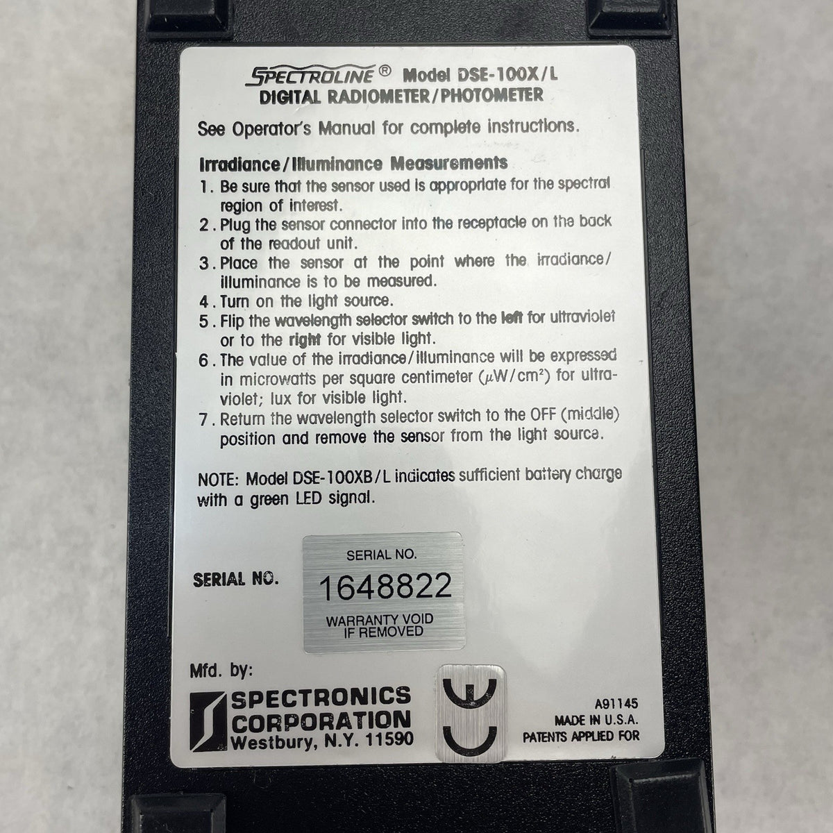 Spectroline Model DSE-100X/L Digital Radiometer/Photometer Tested Not Calibrated11