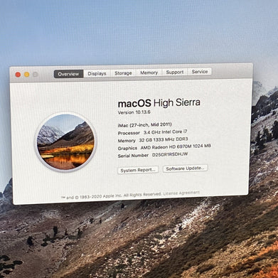 Apple A1312 iMac 27" 2011 3.4GHz Core i7 32GB RAM 480GB SSD macOS 10.13.6