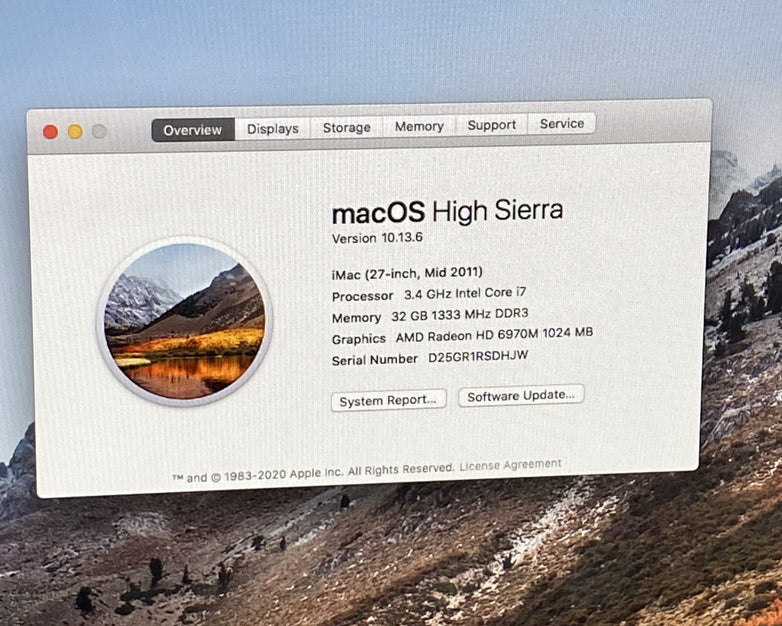 Apple A1312 iMac 27" 2011 3.4GHz Core i7 32GB RAM 480GB SSD macOS 10.13.6