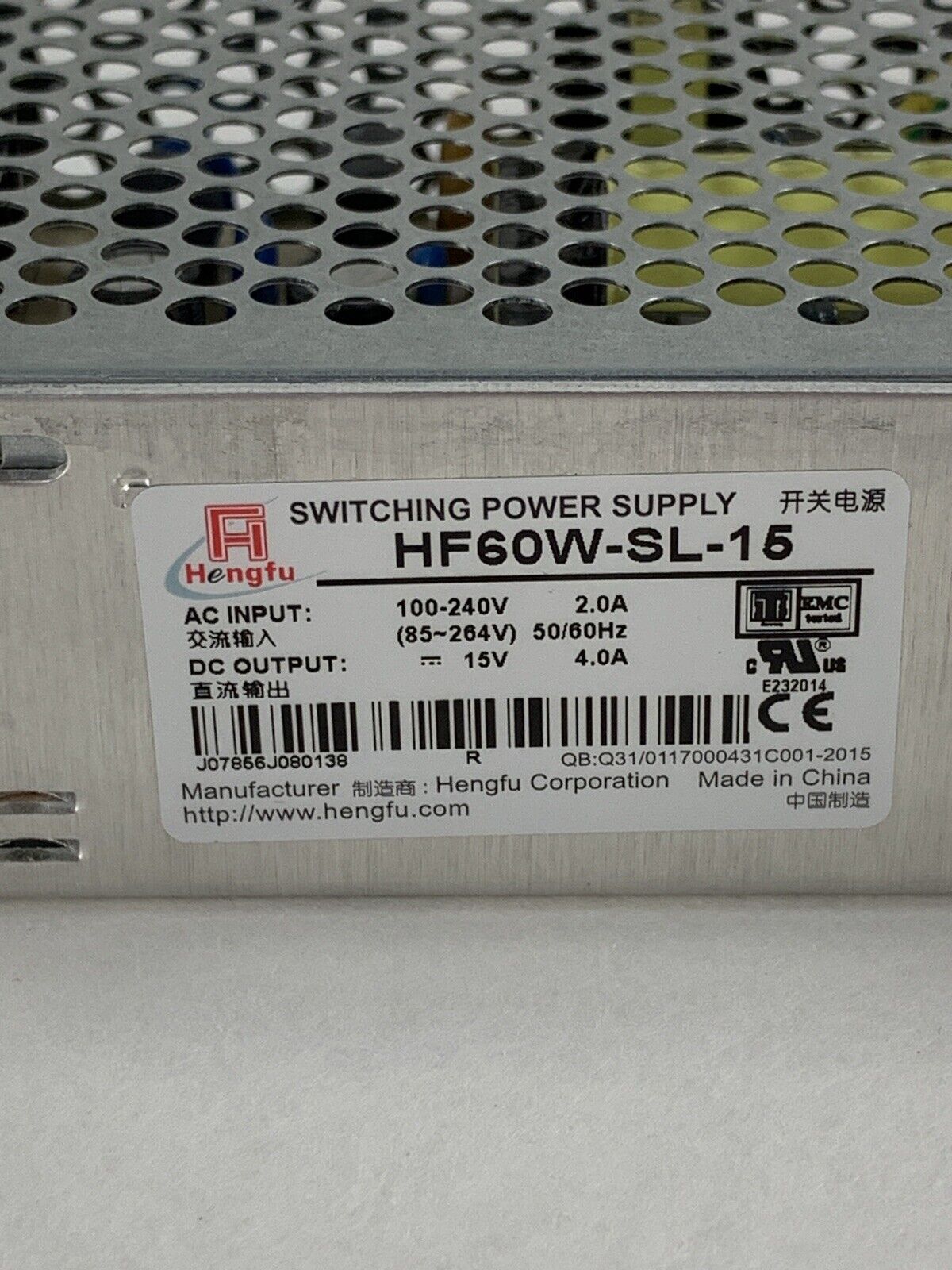 Hengfu HF60W-SL-15 Switching Power Supply 60W AC Input 100-240V DC 15V Tested