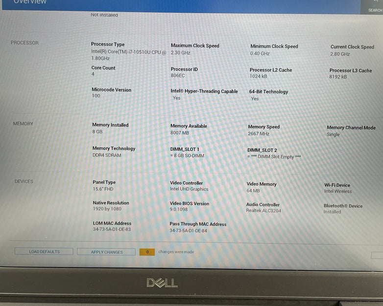 Dell Latitude 3510 15.6" i7-10510U 1.80 GHz 8 GB RAM No SSD/OS/AC - Bad M.2