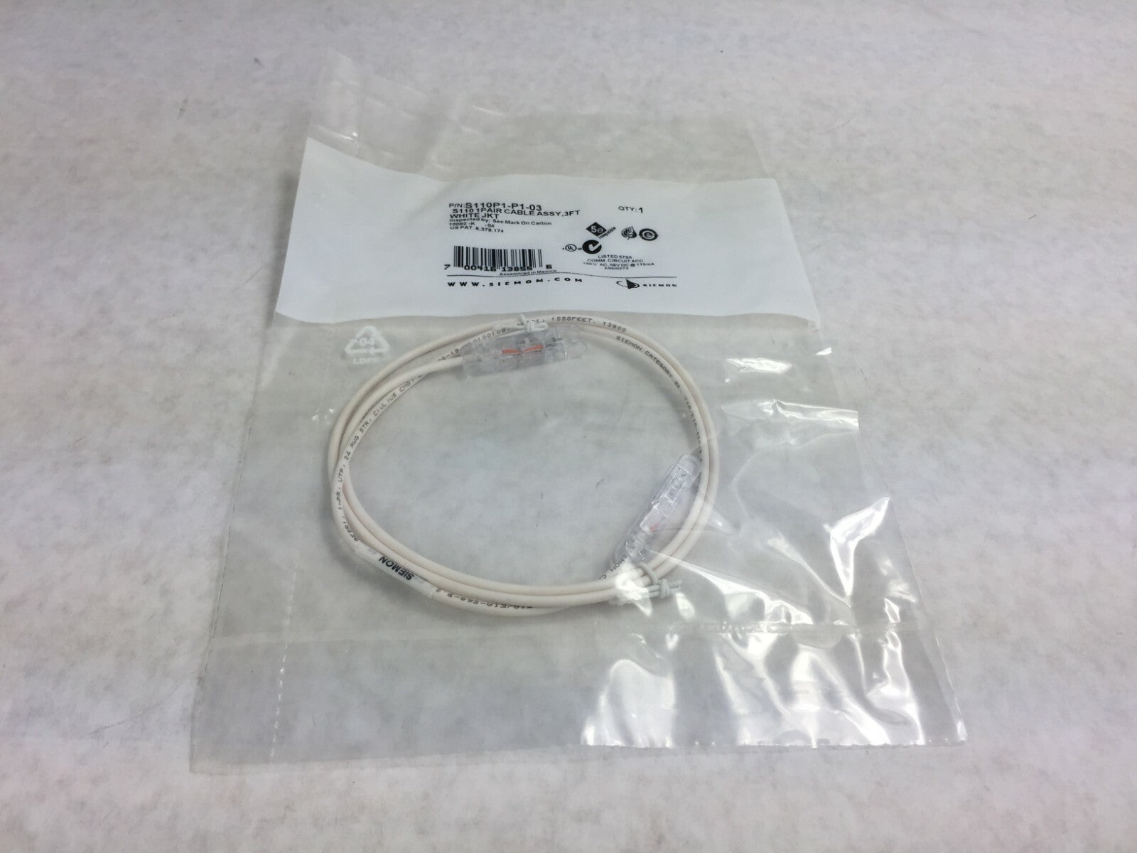 Seimens S110 Cable Assy  3 ft  S110P1-P1-03  White