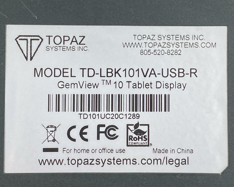 Topaz Systems GemView TD-LBK101VA-USB-R 10" USB Tablet Signature Terminal
