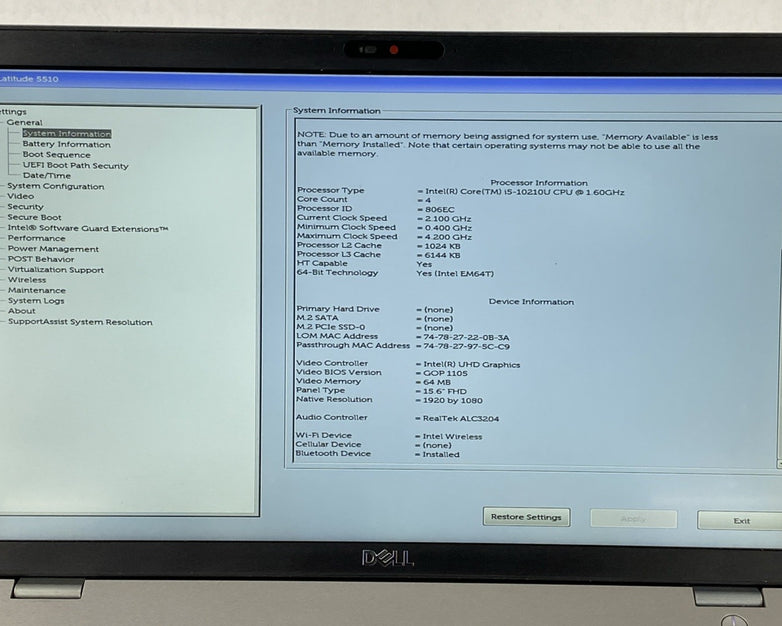 Dell Latitude 5510 Core i5-10210U 1.6 GHz 8GB RAM 15.6" No Battery No HDD No OS