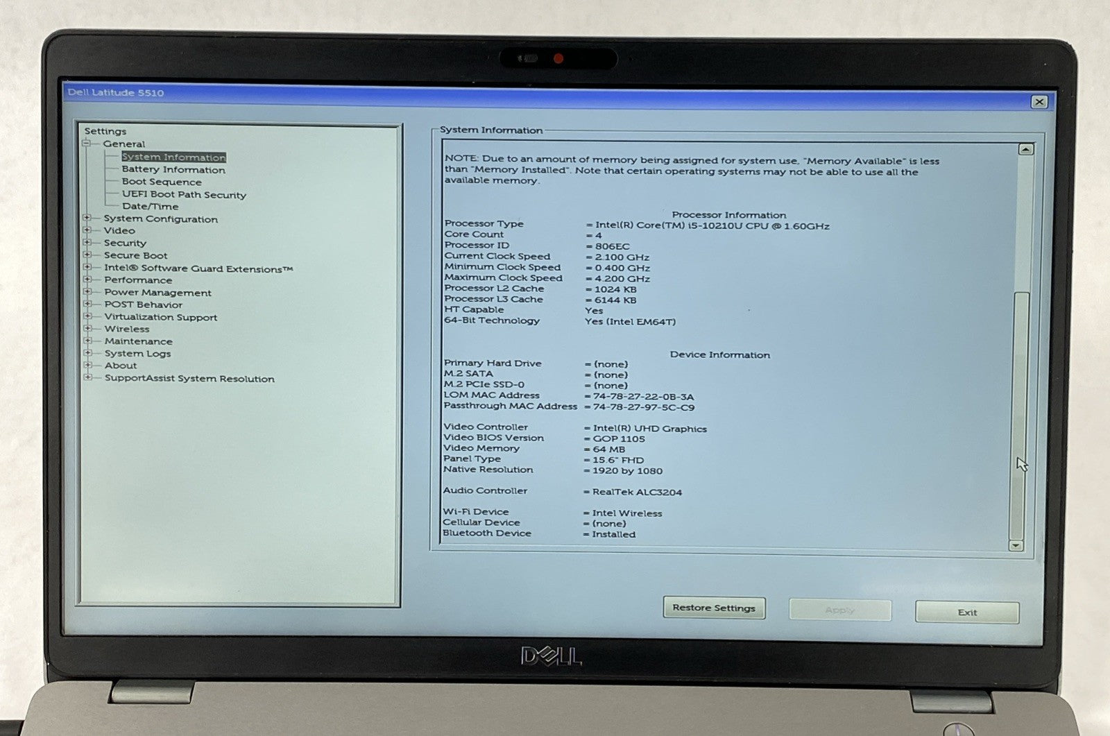 Dell Latitude 5510 Core i5-10210U 1.6 GHz 8GB RAM 15.6" No Battery No HDD No OS