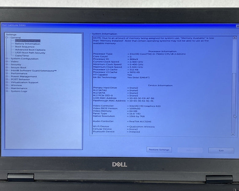 Dell Latitude 5590 Core i5-7300U 2.60 GHz 8 GB RAM 15.6" No Battery No HDD No OS