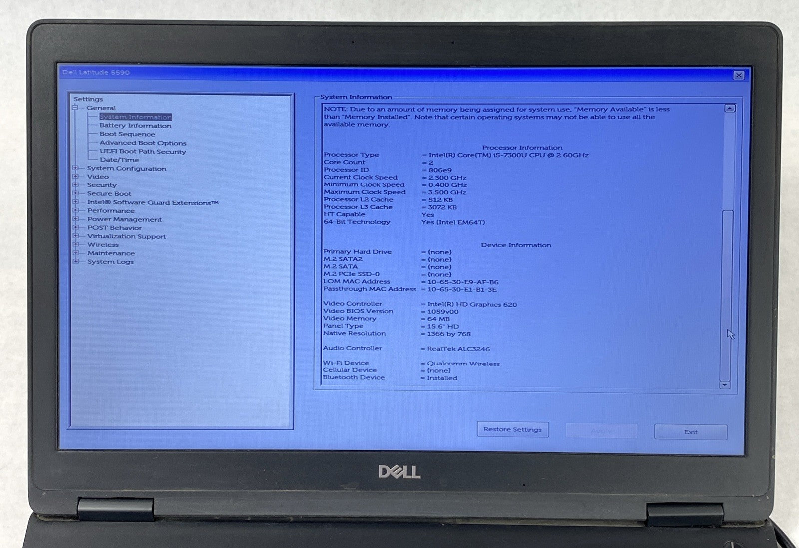 Dell Latitude 5590 Core i5-7300U 2.60 GHz 8 GB RAM 15.6" No Battery No HDD No OS