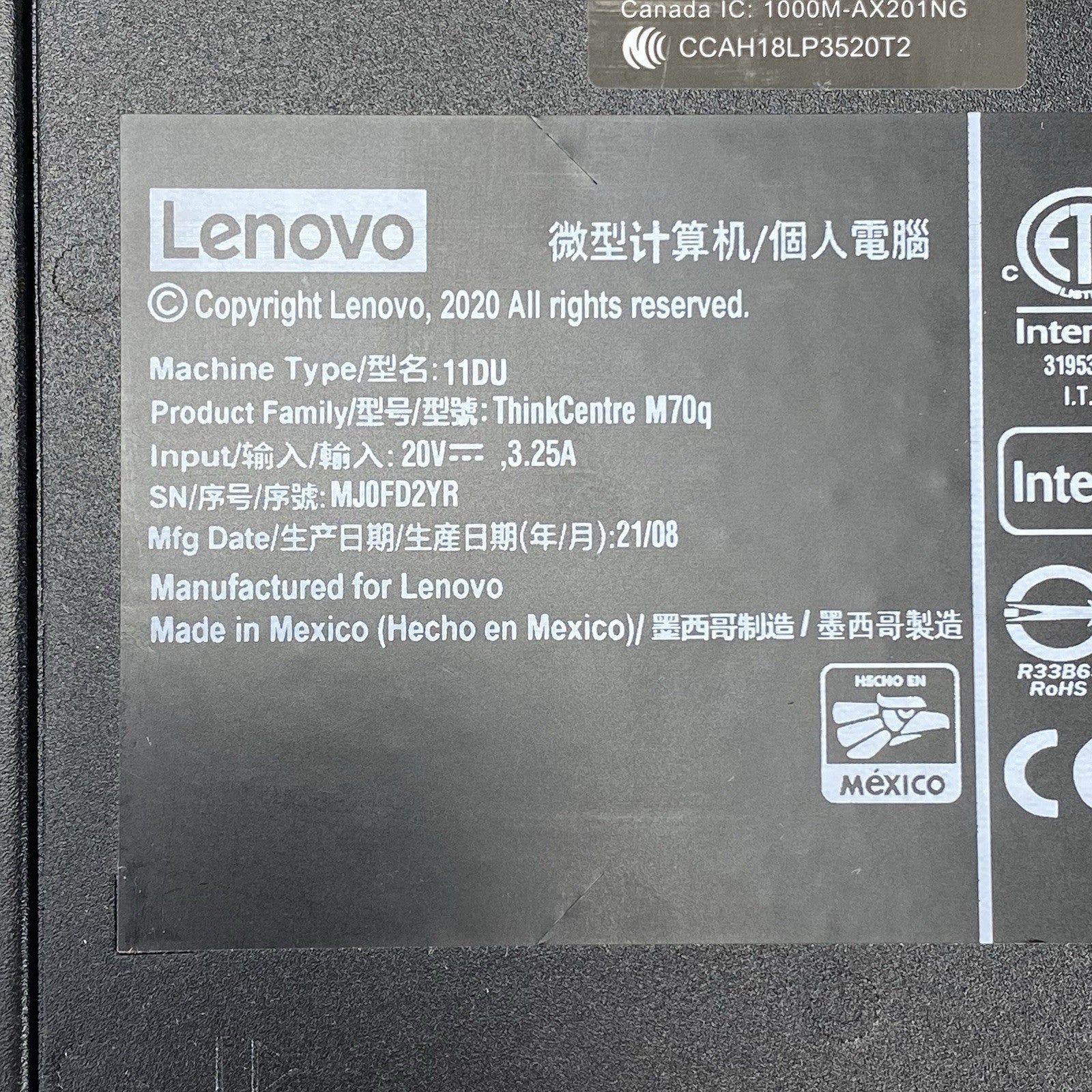 Lenovo ThinkCentre M70q Micro Intel Core i5-10500T 2.3GHz 16GB RAM No HDD/OS/AC