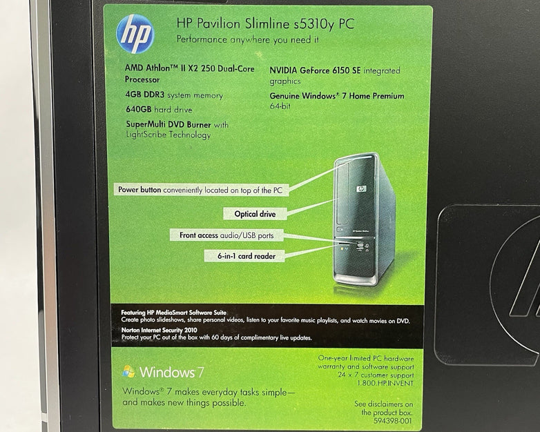 HP Pavillion Slimeline S5310Y SFF AMD Athlon 2 X2 250 3.0 GHz 4 GB RAM No HDD/OS