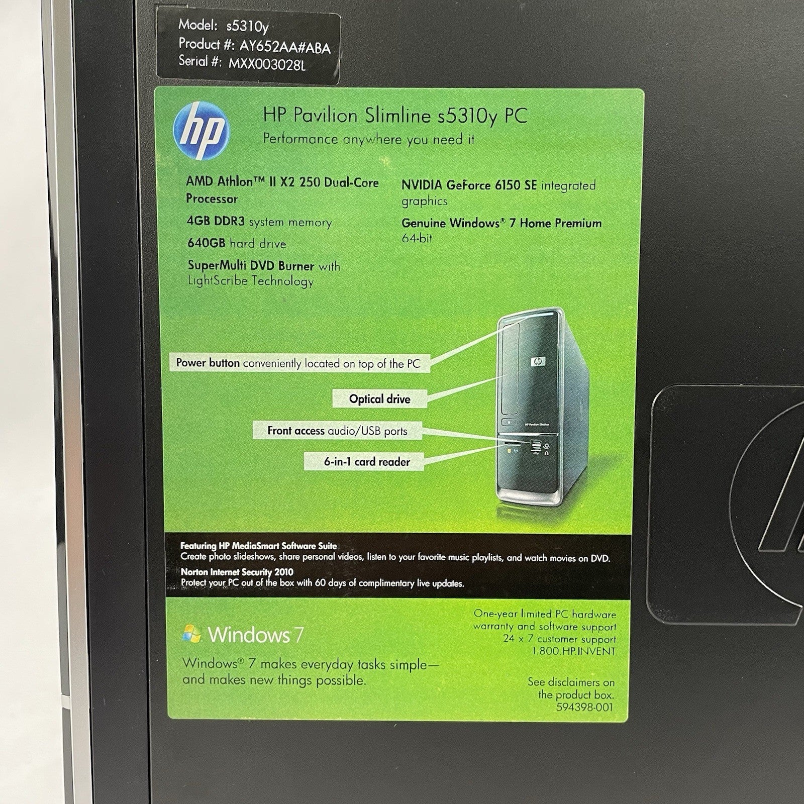 HP Pavillion Slimeline S5310Y SFF AMD Athlon 2 X2 250 3.0 GHz 4 GB RAM No HDD/OS5