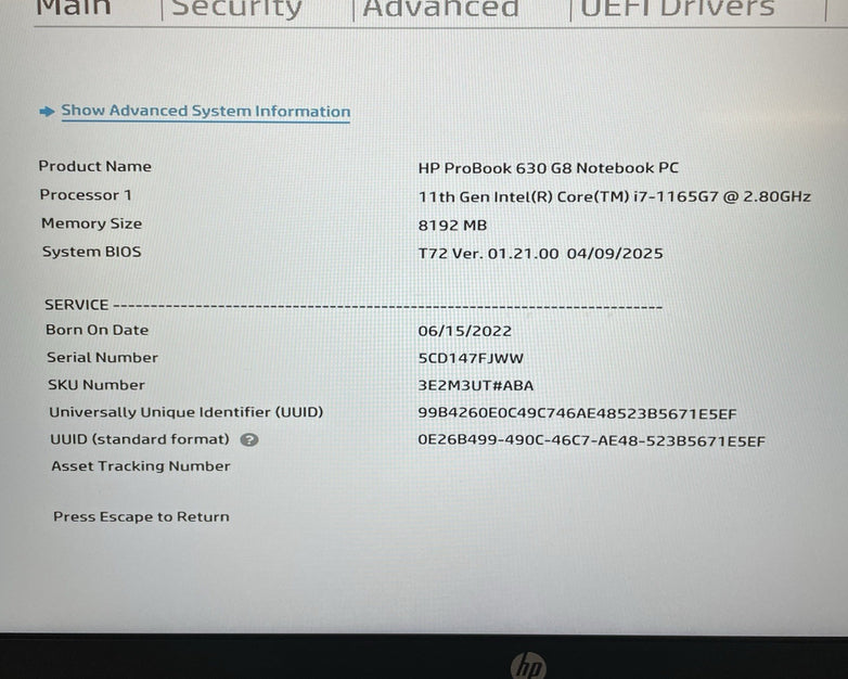 HP ProBook 630 G8 13.3" i7-1165G7 2.80 GHz 8 GB RAM No SSD/OS/AC